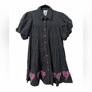 QUEEN OF SPARKLES - Black Tiered Mini Dress with Sequin Heart Trim